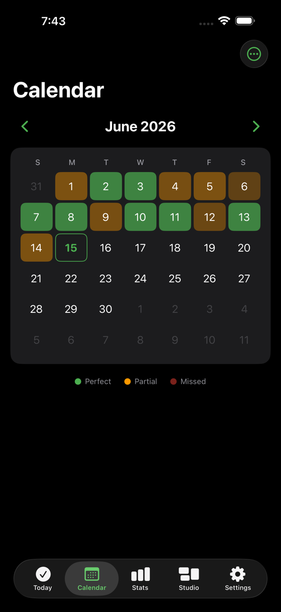 Habit Studio calendar screen with historical habit activity.