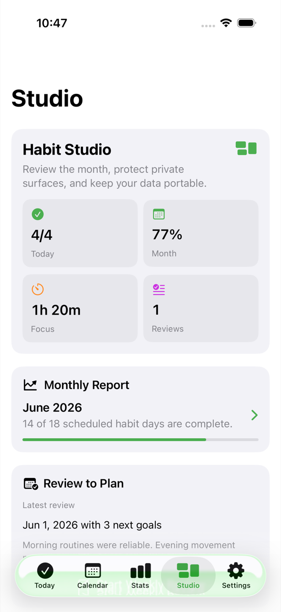 Habit Studio monthly review screen.
