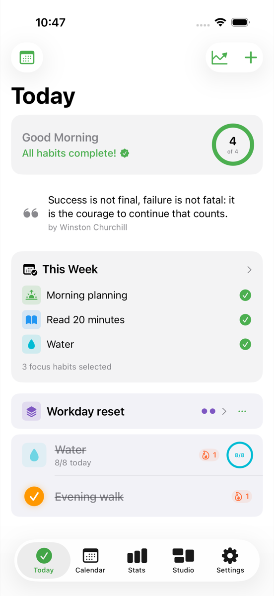 Habit Studio Today screen showing completed habits and a weekly focus plan.